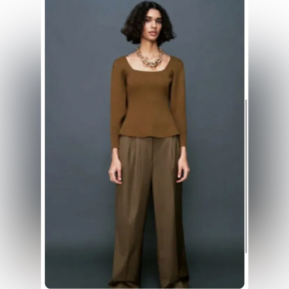 Zara brown square neck knit sweater top size medium fitted bohemian puff sleeve - Picture 2 of 14